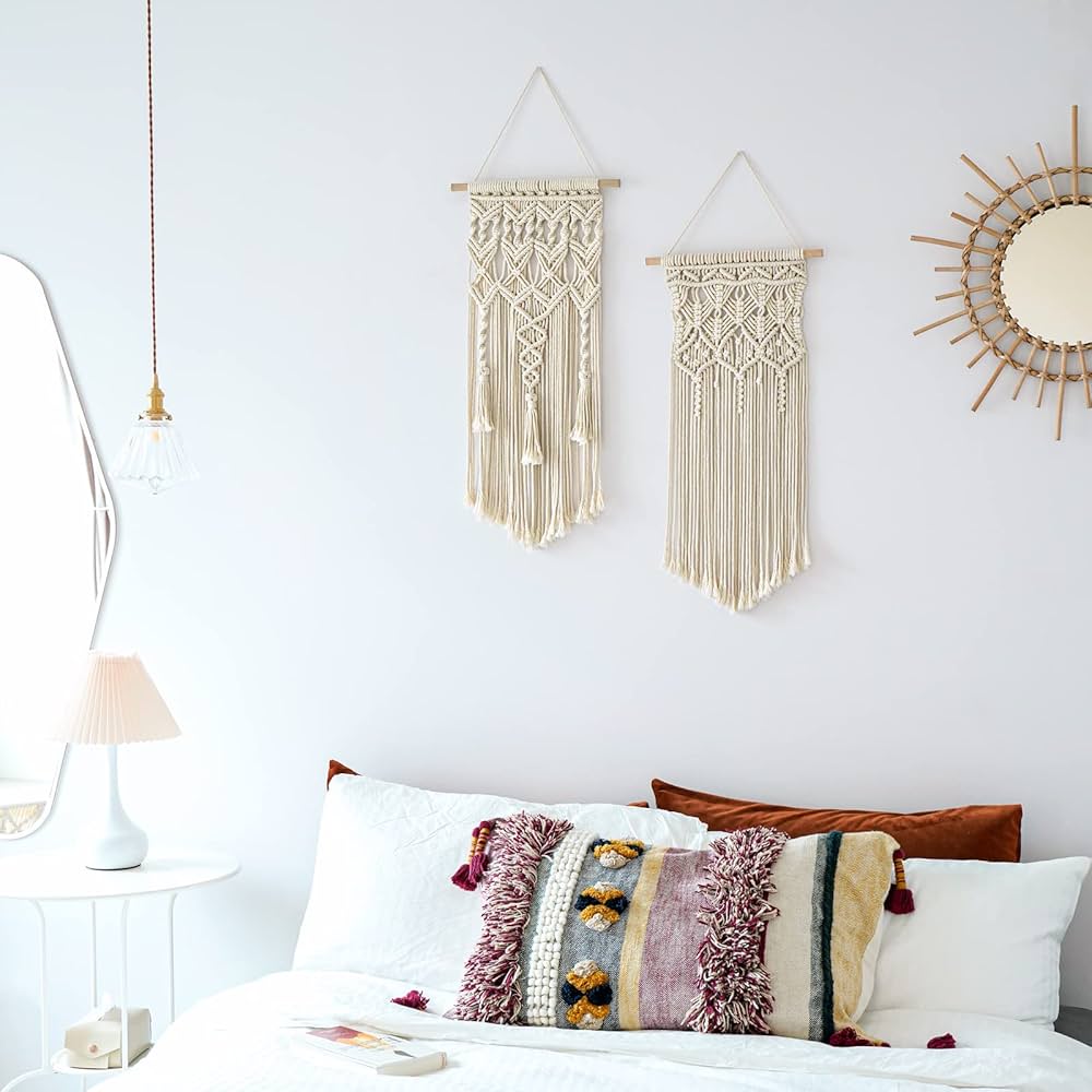 Mkono Macrame Woven Wall Hanging Set of 2 – 28"x13" Boho Geometric Decor