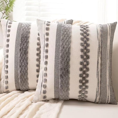 WANLIRD Boho Throw Pillow Covers 18x18 – Set of 2, Gray Striped Chenille