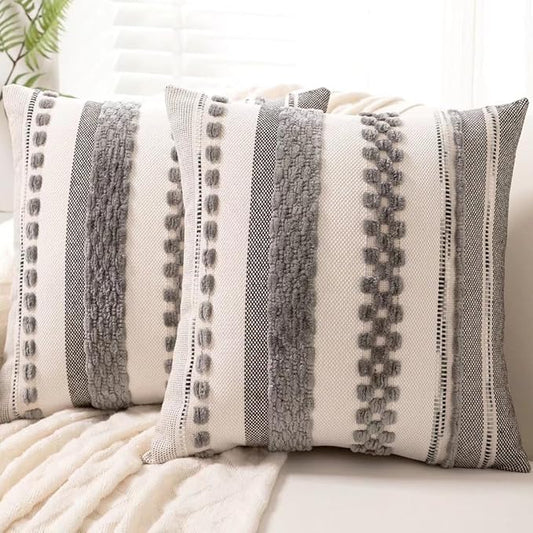 WANLIRD Boho Throw Pillow Covers 18x18 – Set of 2, Gray Striped Chenille